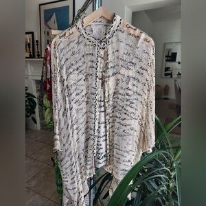Johnny Was Cream Script Print Blouse with Lace Detail/ Sold Out